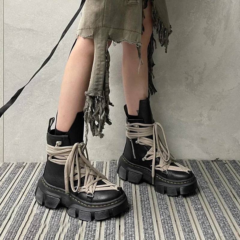 Black Crazy Strap Thick-soled Martin Boots Women's ro Heightened Short Boots dr Handsome Joint Short Boots Motorcycle Boots Trendy