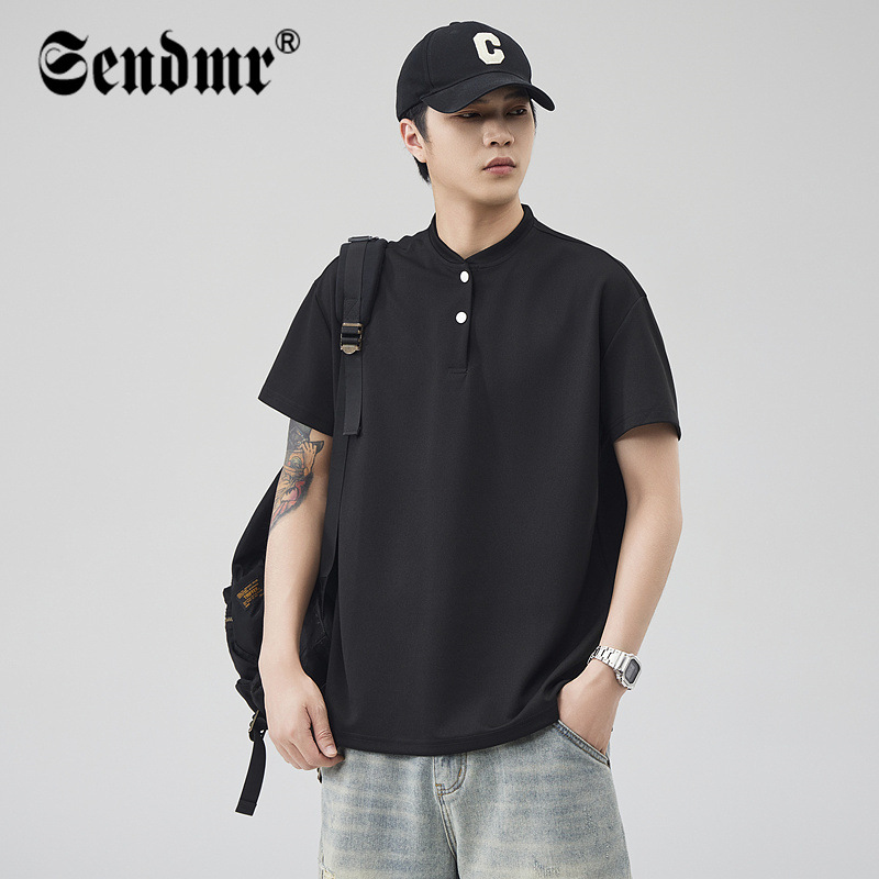 American-style High Street Summer Baseball Collar Solid Color Short-sleeved T-shirt Loose Fashionable Handsome All-match Shoulder Half-sleeved T-shirt for Men