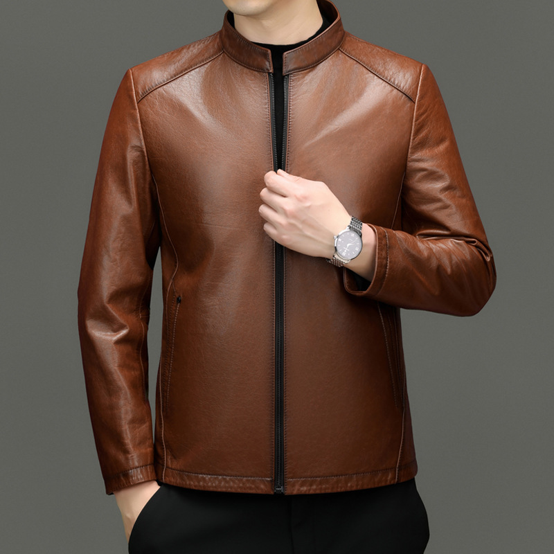 Haining Top Layer Cowhide Leather Men's Genuine Leather Bike Suit Collar Leather Jacket Short Cowhide Wax Leather Jacket Trendy Men's Clothing