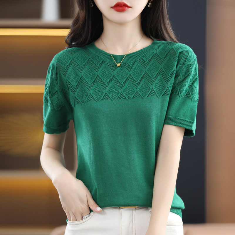 22 New Summer Cotton Short-sleeved T-shirt Women's Knitted Base Shirt Hollow New Round Neck Loose Cotton Linen Half-sleeved Top