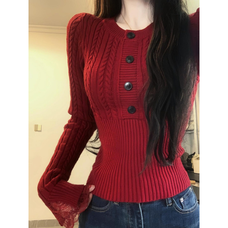 Kaning Korean-Style Spicy Girl Slim-Fit Cable Knit Red Sweater for New Year, Spring and Autumn Season, High-End Feel, Inner Layer Knitwear