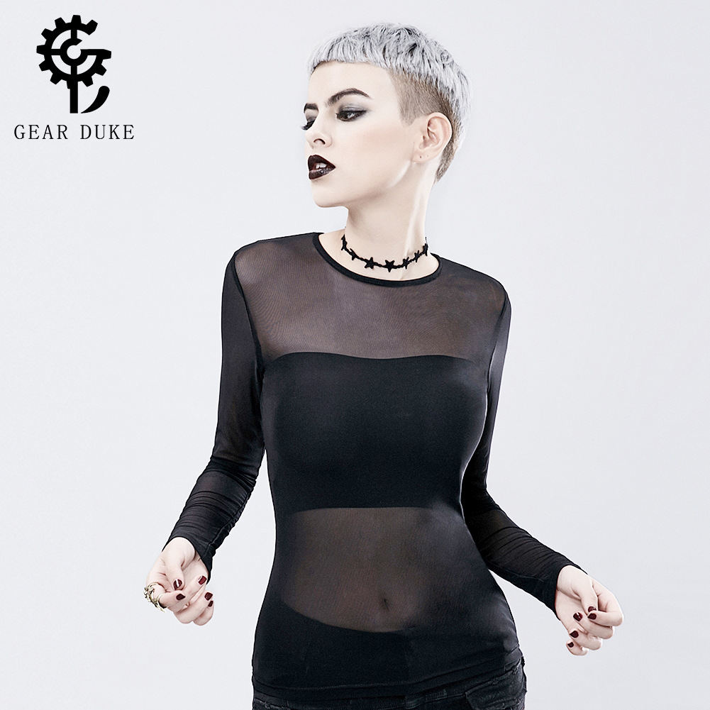 Cross-border Greek TEMU source European and American punk perspective grid hollow long sleeve T-shirt women's thin black base