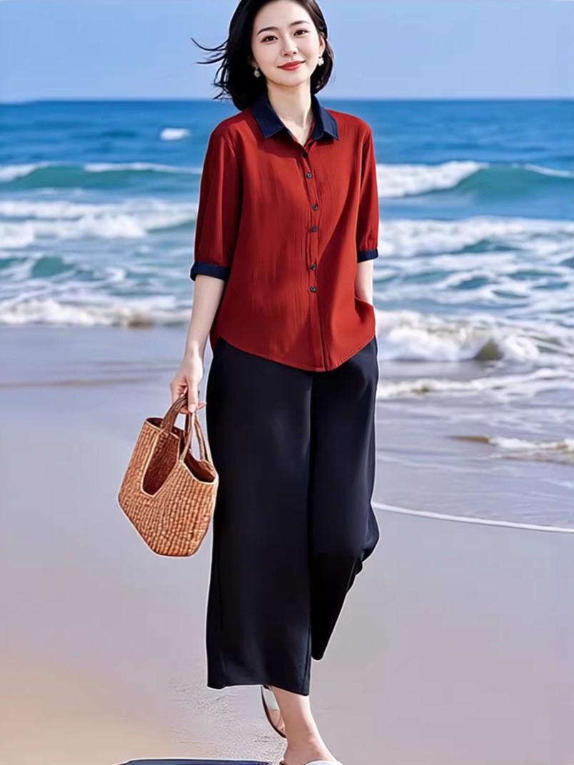 A Complete Set of Women's Clothing for Middle-Aged and Elderly People, Spring and Autumn Korean Style Simple Tops, Shirts + Wide-Leg Pants Two-Piece Set