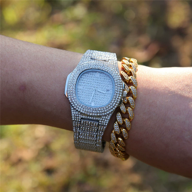 European and American Hiphop Super Flash Hip Hop Diamond Watch Rap Men's Quartz Strap Calendar Street Full Diamond Watch Watch Tide