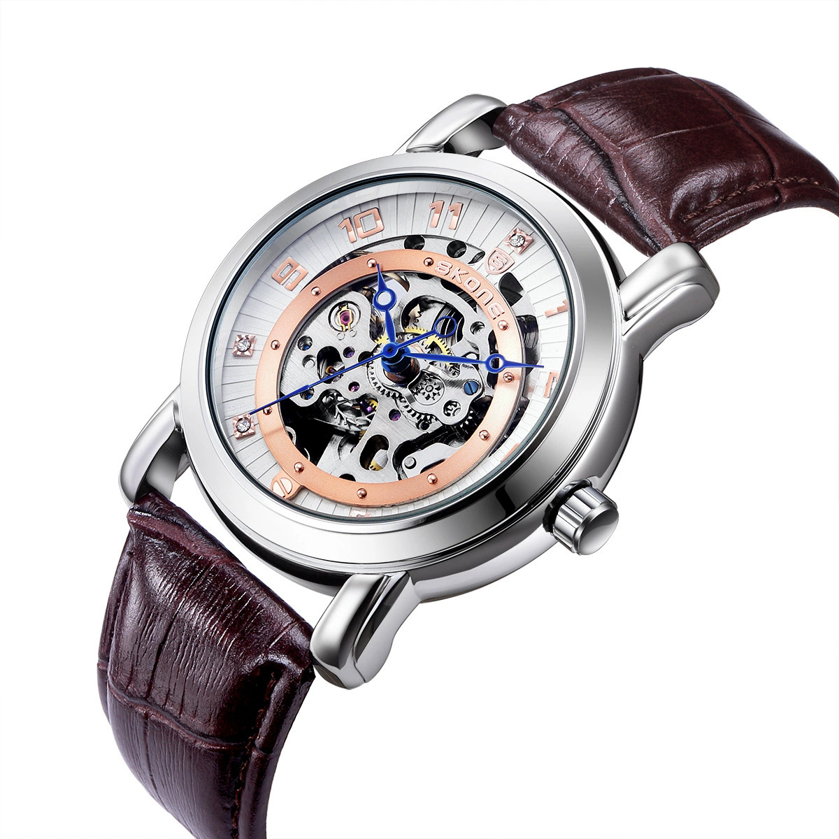 Skone Diamond-Encrusted Blue Needle Hollow Mechanical Watch for Men, Cross-Border Hot-Selling Business Waterproof Leather Strap Fully Automatic Mechanical Watch