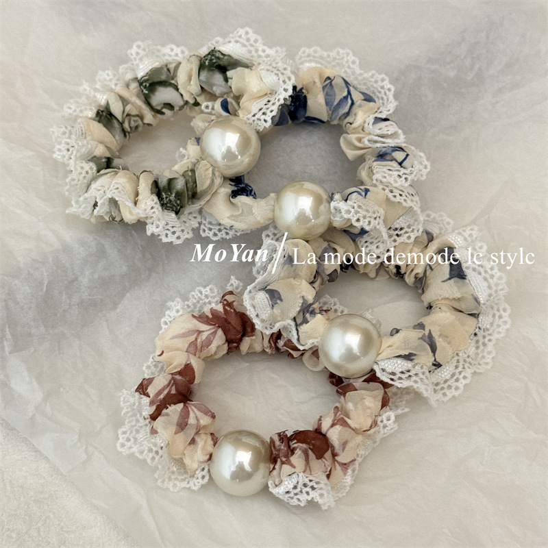Vintage Printed Small Intestinal Hair Ring Women's High-end Lace Lace Low Ponytail Hair Rope Pearl Hair Rope Ball Hair Accessories