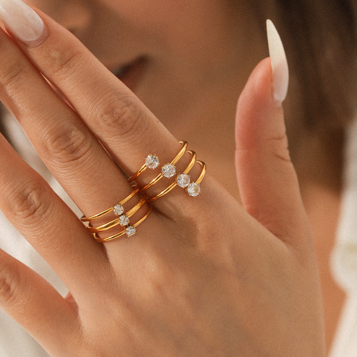 Ins-Style Three-Layer Stainless Steel Ring with Zircon Inlay, Light Luxury Versatile Titanium Steel Open Ring, Cross-Border Jewelry
