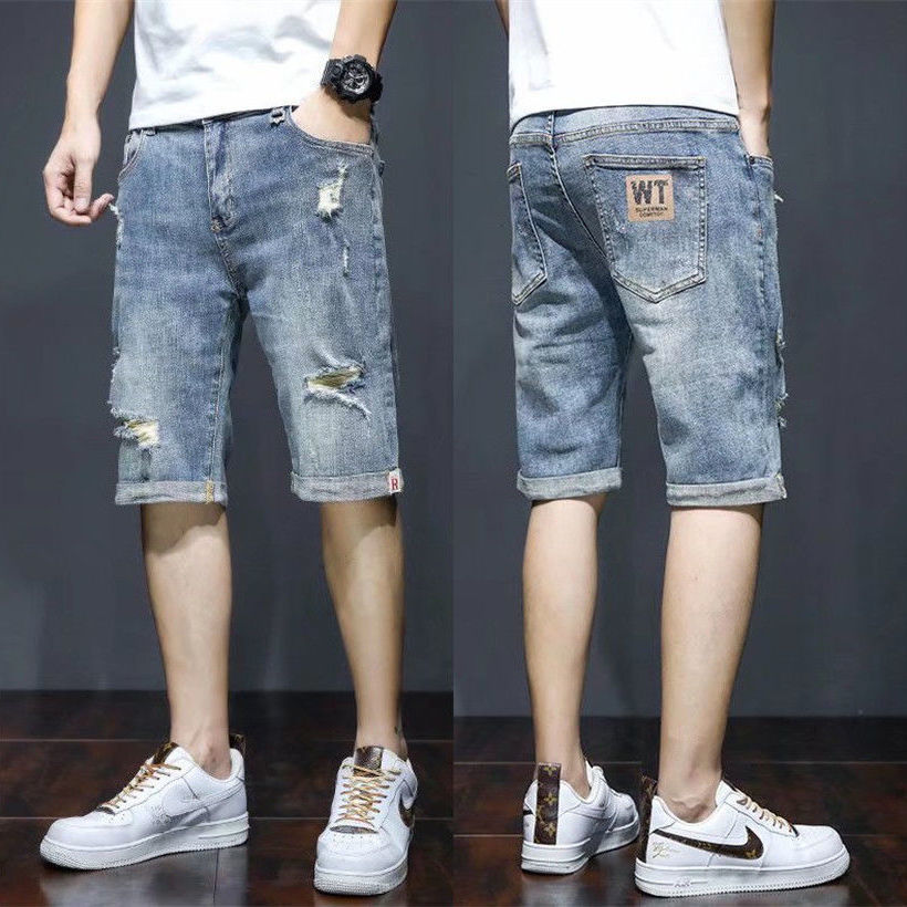 Men's Denim Shorts Summer Thin Korean Style Trendy Ripped Casual Brand Five-Point Mid-Length Pants in Stock Mengwei