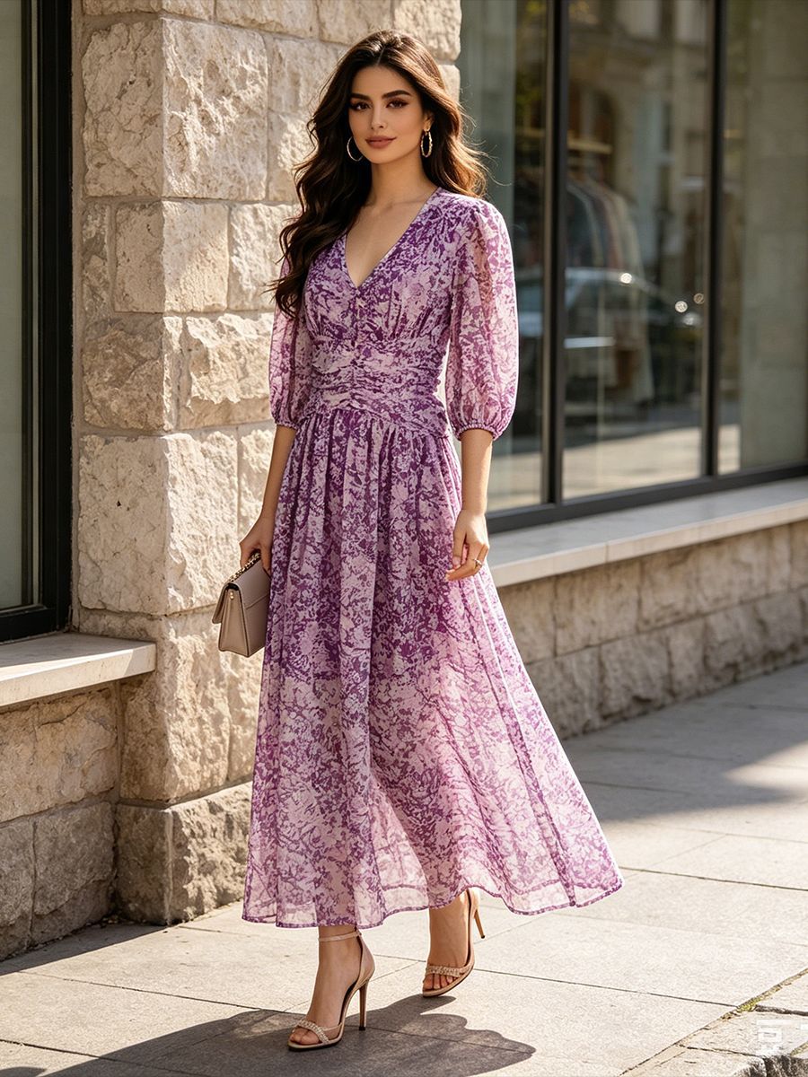 French-Style Elegant Chiffon Long Dress 2026 Summer New V-Neck Puff Sleeve Printed High-End Dress