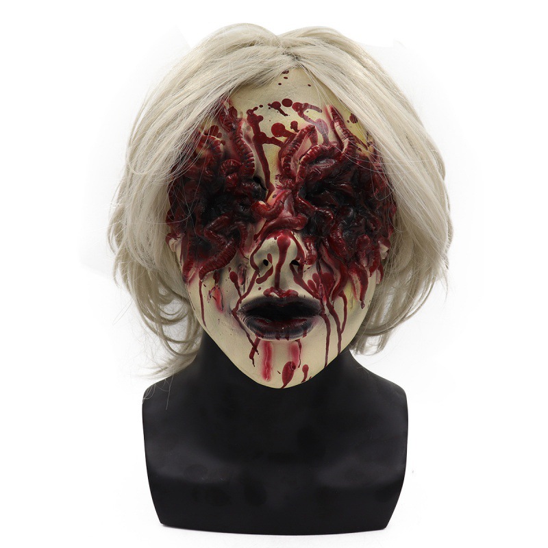 Halloween Horror Grudge Witch Mask Scary Props White-haired Female Ghost Headset Granny Zombie Old Man Mask