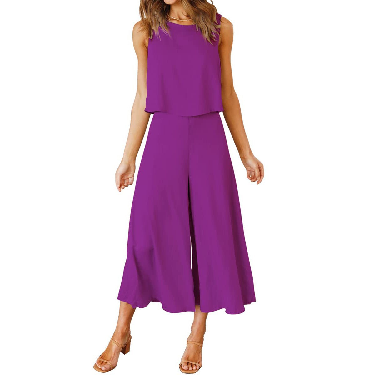 2023 European and American new TEMU women's summer 2-piece clothing round neck top short solid color wide leg pants set