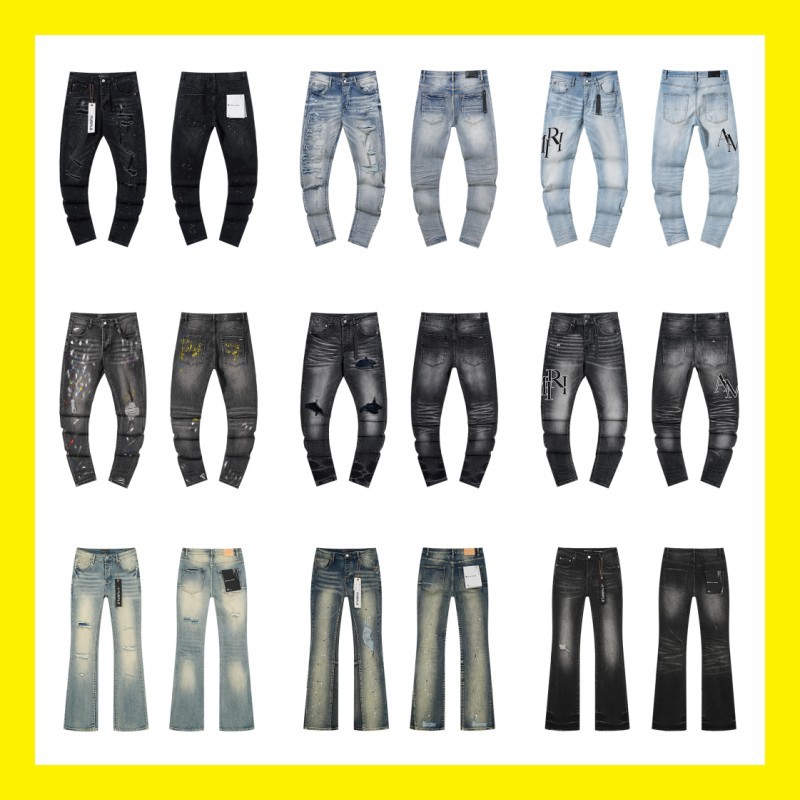 Cross-Border European and American Purple Brand Jeans, Distressed Washed Retro Ripped Ink Splash Handsome American Style