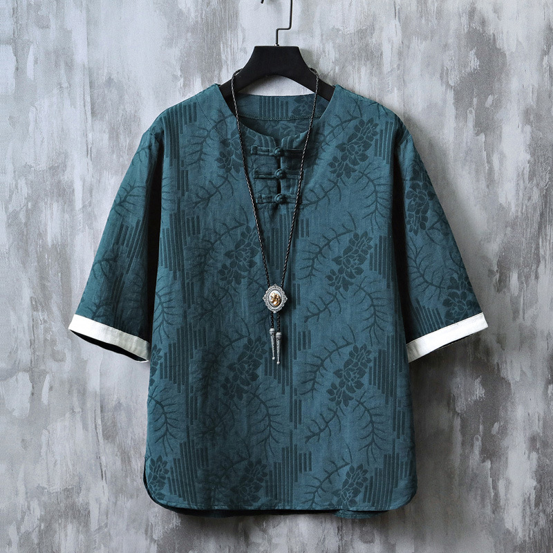 Chinese Style Men's Jacquard Cotton Linen Short-sleeved T-shirt Men's Summer Retro Husband Clothing New Chinese Tang Suit Linen Zen Clothing
