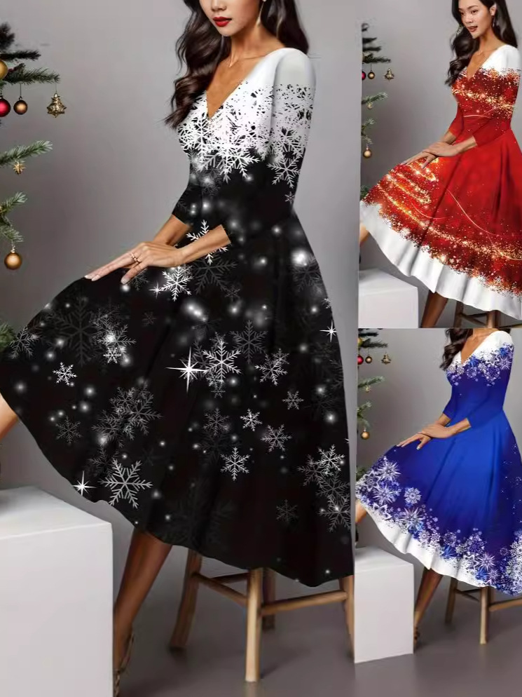 Cross-Border Trade 2025 Amazon Aliexpress Wish Independent Website Christmas Print V-Neck Long-Sleeve Flared Skirt Dress
