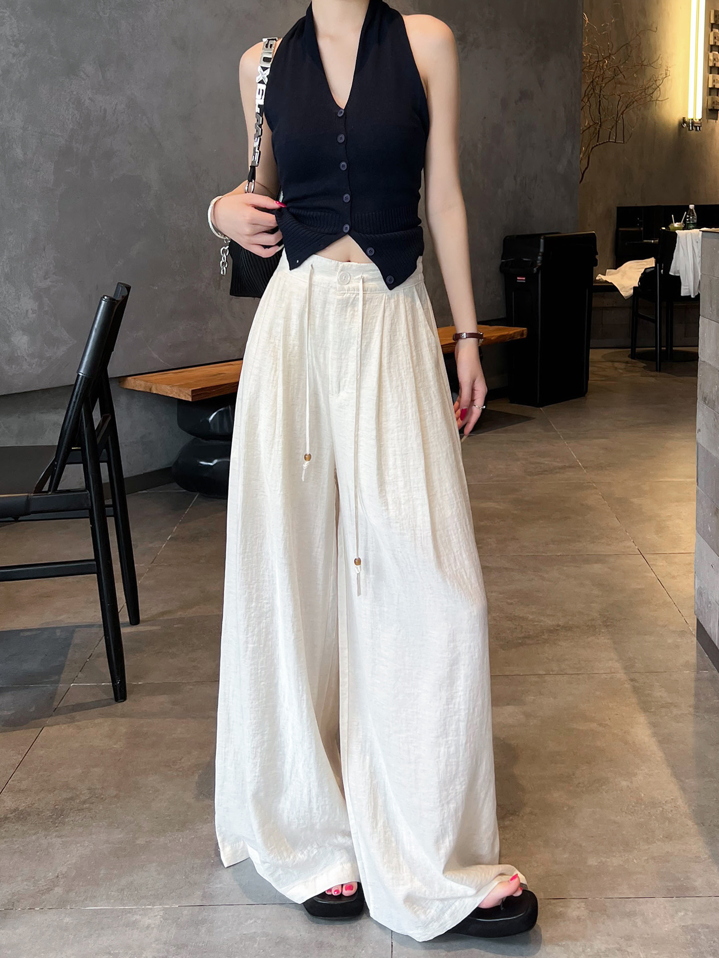 White Linen and Ramie Wide-Leg Pants for Women, Summer Thin Retro Drawstring Old Money Style Straight-Leg Cotton-Linen Casual Pants