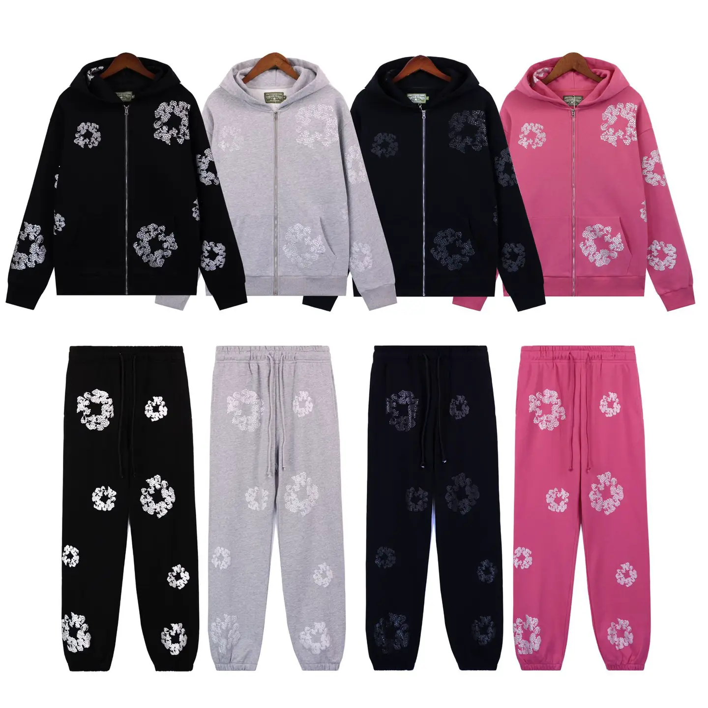 Cross-border tide kapok hot drill flowers men and women long-sleeved casual hoodie new sweater zipper cardigan men and women