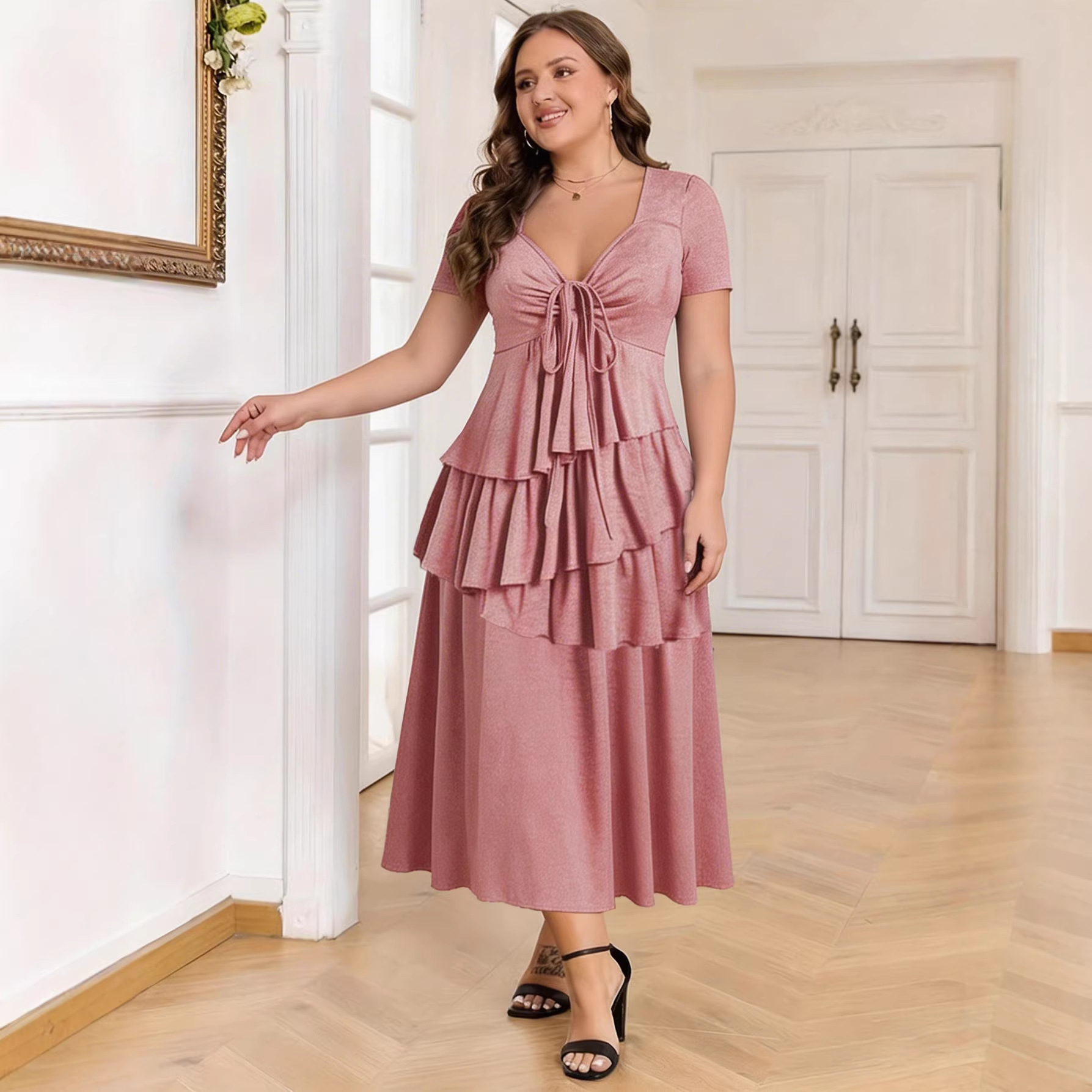 Cross-Border Women's Clothing Amazon European and American Spring and Summer New Style Irregular Cake Skirt Short-Sleeved Lace-Up Elegant Waist-Cinching Dress