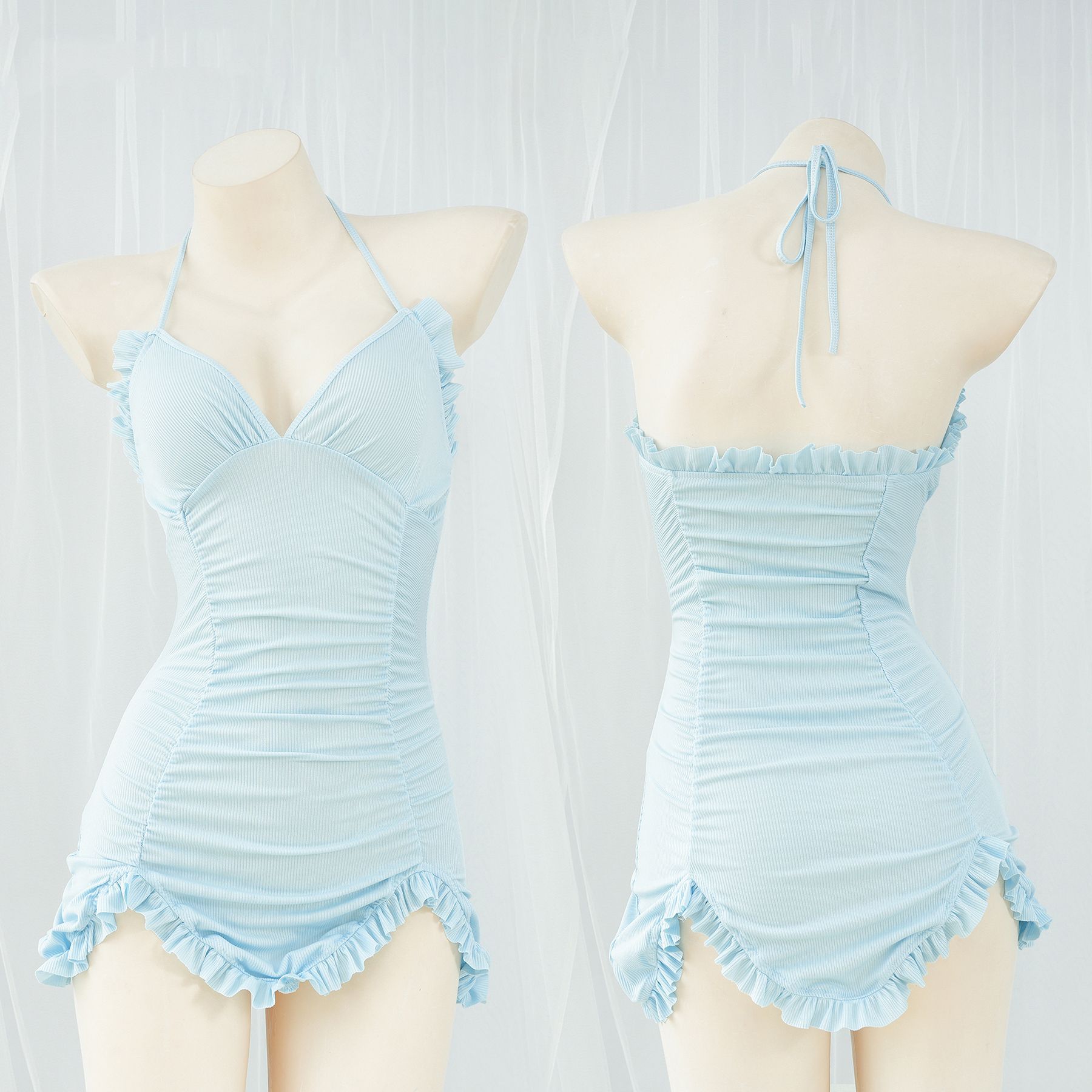 Sexy Tight Dress Pajamas Women's Sexy Knitted Dress V-Neck Lace Hip Skirt Backless Short T0969