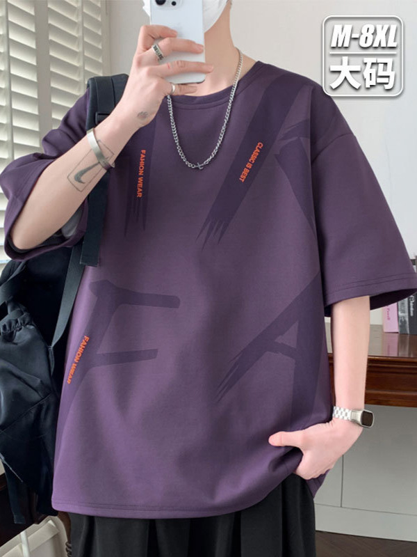 Summer Trendy Hong Kong Style Men's Printed Round Neck Short-Sleeved T-Shirt for Fat Men Plus Size Loose Casual T-Shirt