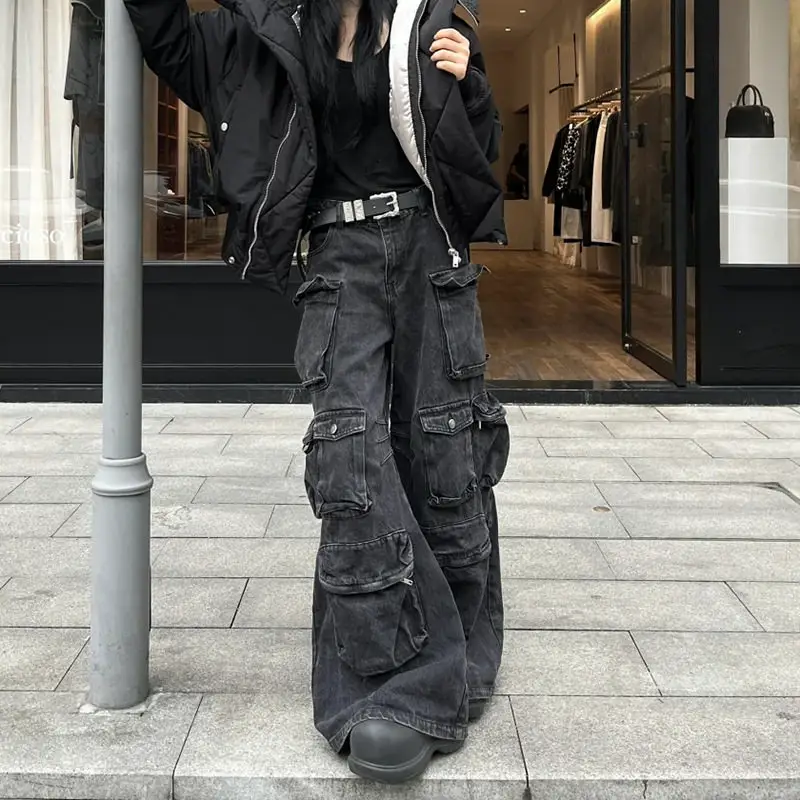 American heavy industry multi flap pocket pants splicing niche design handsome work jeans men's multifunctional casual bell bottom pants