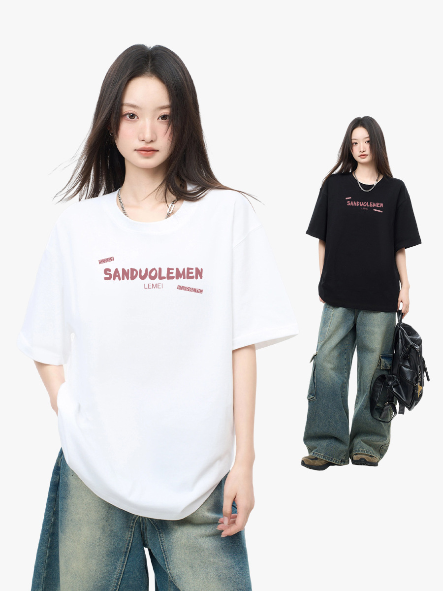 Sweet Cool Style Letter T-Shirt Short Sleeve Women's Pure Cotton Breathable Comfortable Heavy Loose Women's Commuter Top Half Sleeve