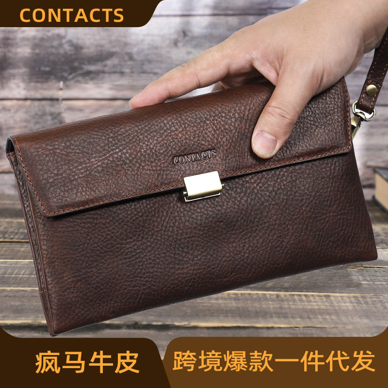 Black Angel Men's Underarm Bag Retro Crazy Horse Cowhide Men's Clutch Bag with Wrist Strap Men's Clutch Bag from Stock