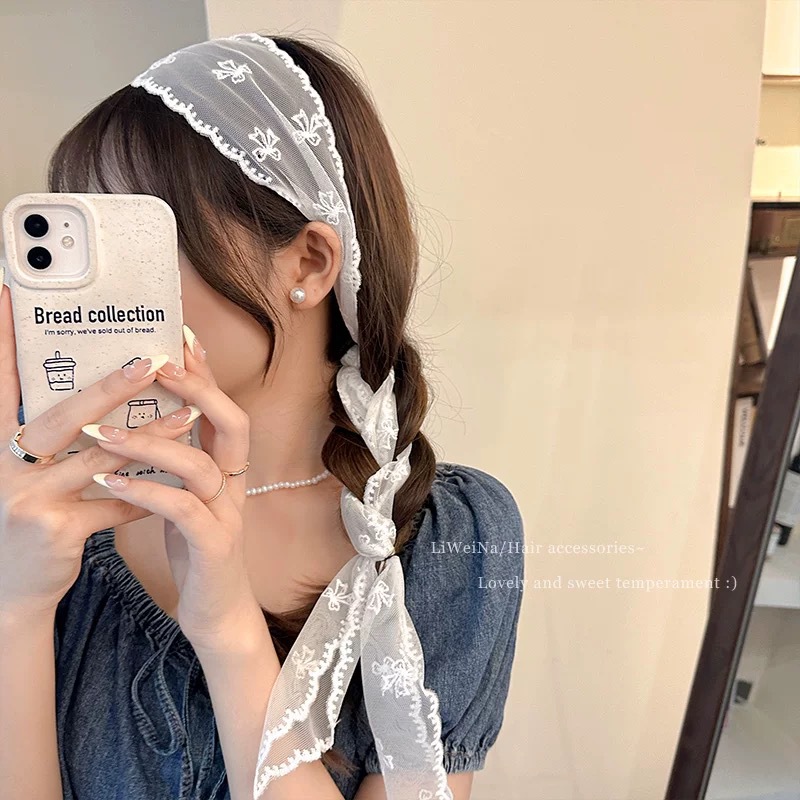 Multi-functional Sweet Lace Bow Ribbon Headwear All-match Korean Style High-end Triangle Scarf Hair Band