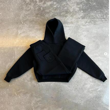 European and American casual couple fashion hoodie sweatshirt solid color loose double pocket embroidered sweater pants wholesale