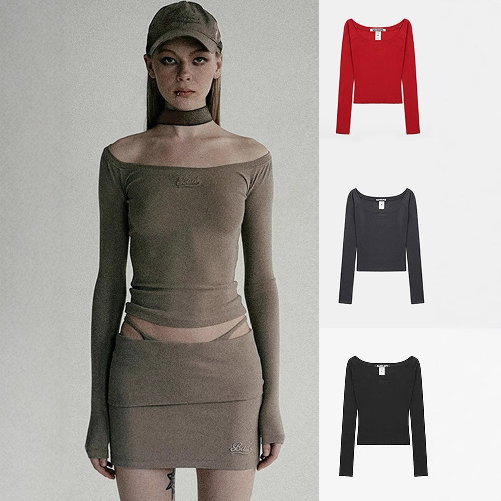 Korean Badblood Bcac Series American Sexy One-Shoulder Long-Sleeved T-Shirt Women's Slim Bottoming Shirt Trbottomy Top