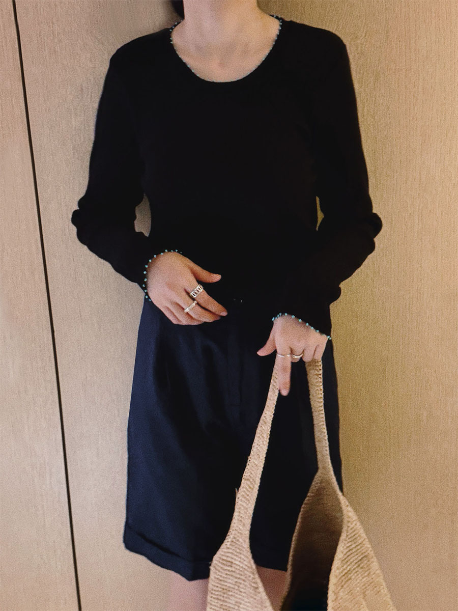 Su Ting Handmade Beaded Round Neck Ribbed Slim Fit Knitted Long Sleeve Top 2026 Spring New Style Base Shirt