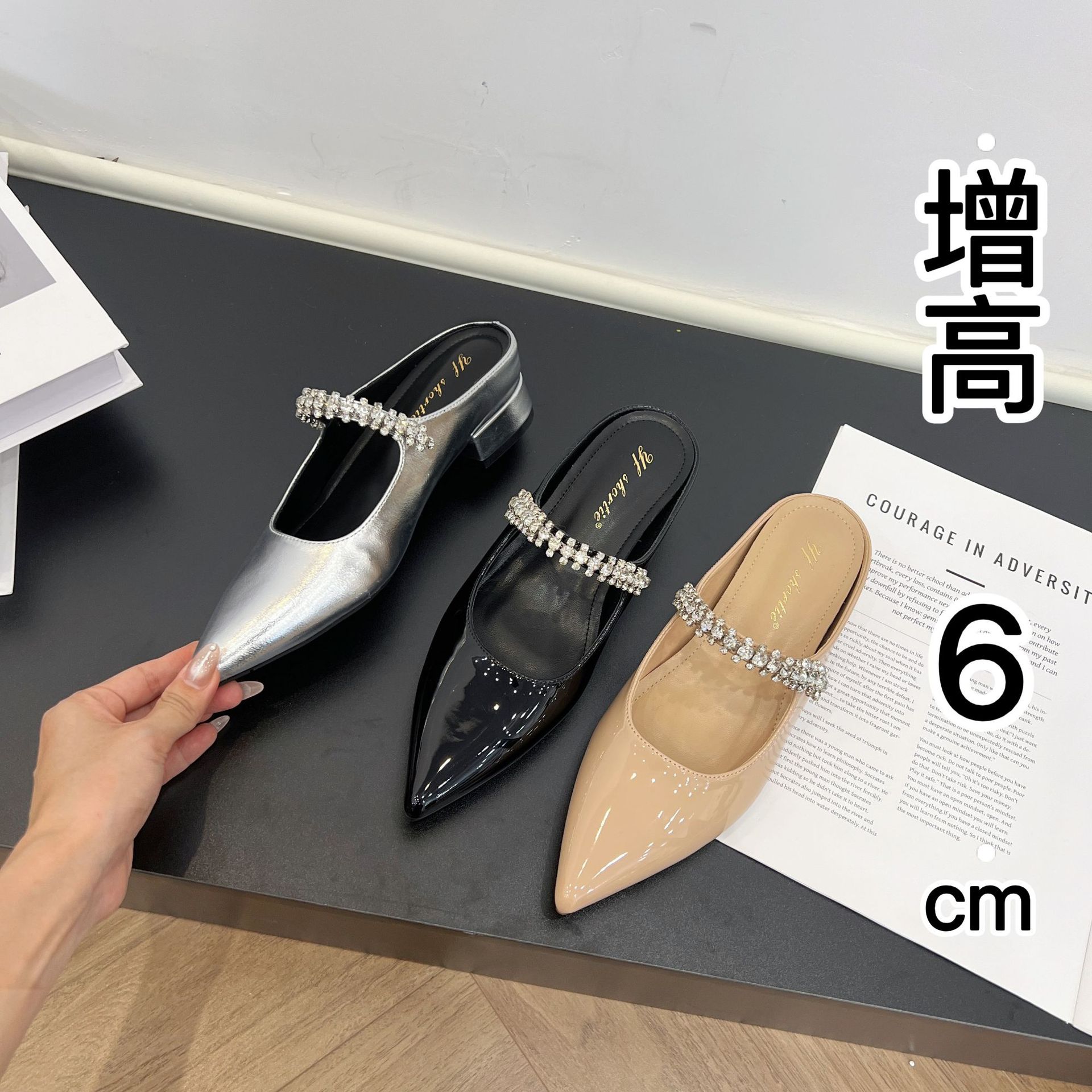 Women's Height-Increasing Shoes, French Rhinestone One-Line Straps, Thick Heels, Mary Jane Toe-Toe Slippers, Summer Outer Shoes with Skirts