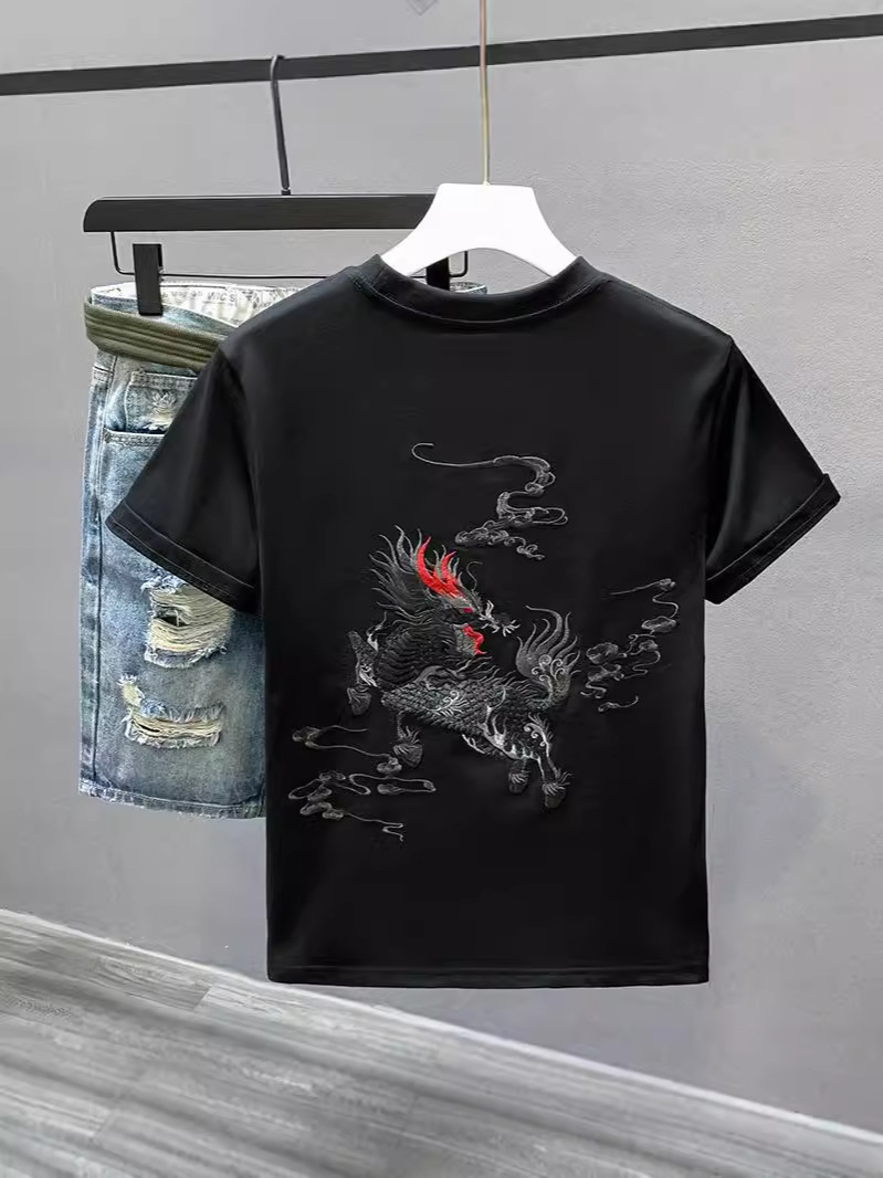 Trendy Brand Chinese Ethnic Style Kirin Embroidered Casual Top Men's Loose Round Neck All-Match White Short-Sleeved T-Shirt Trendy