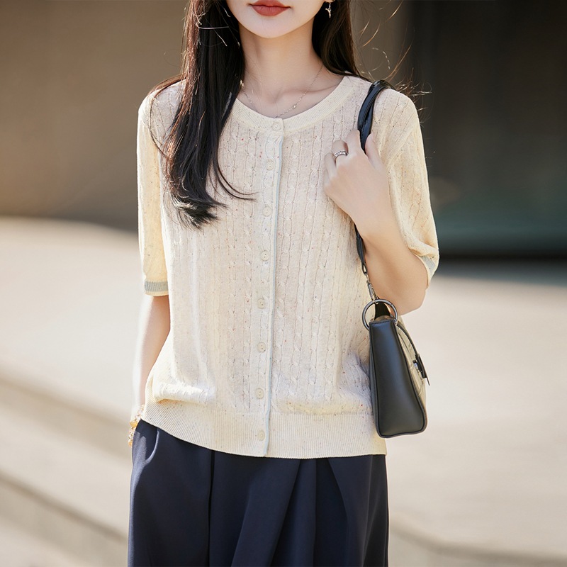 Tencel Linen Round Neck Twist Short-Sleeve Cardigan for Women, Summer Thin Breathable T-Shirt, Versatile Knit Women's Top