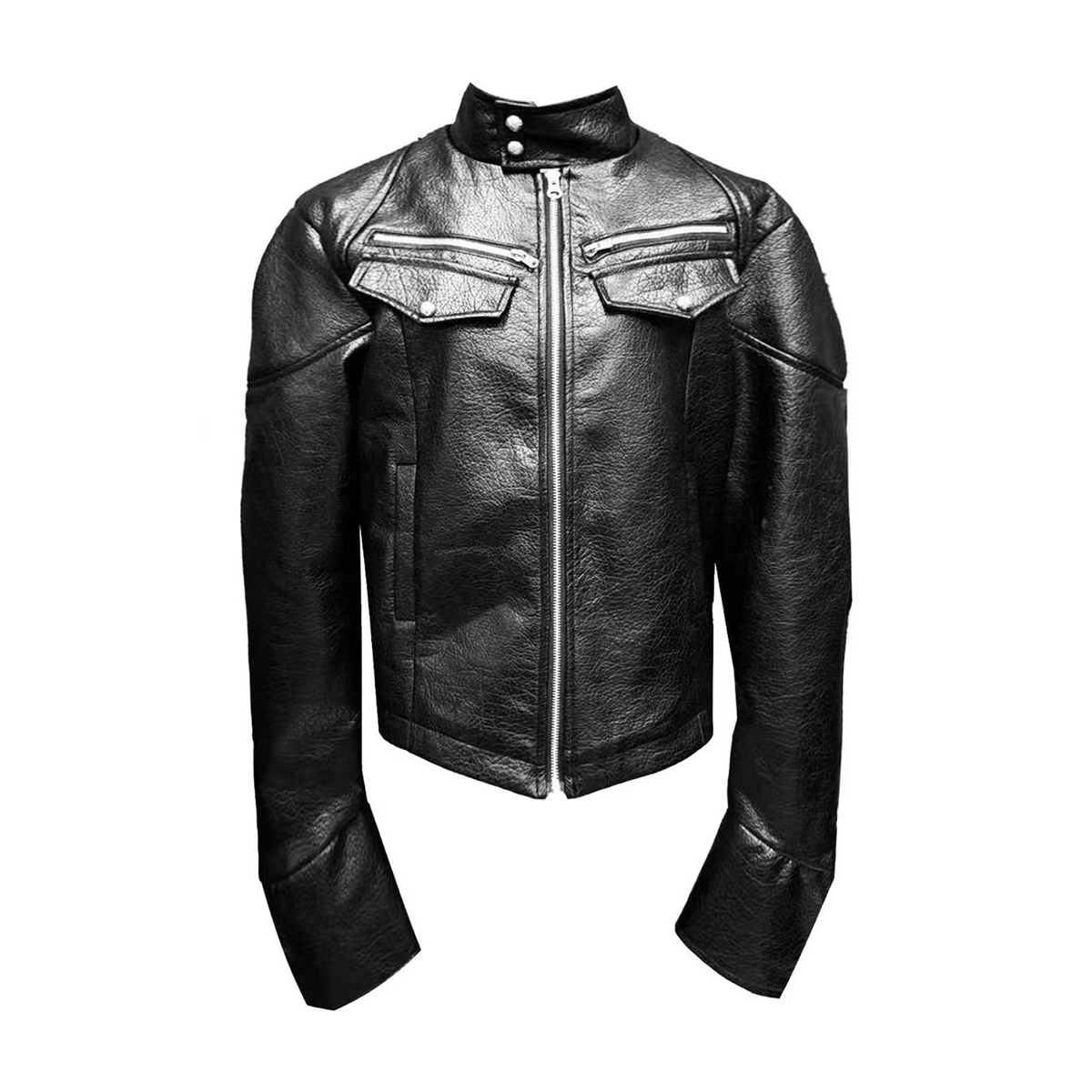 DETW Knight series armor stand collar short wide irregular pocket zipper jacket lychee patterned leather jacket jacket Foto QC de TAOBAO na Qualit.ly
