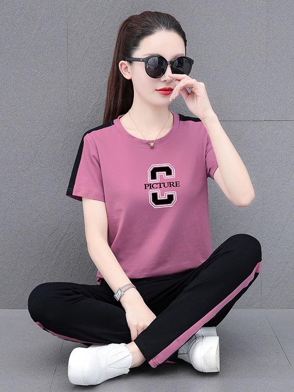 Short-Sleeved Long Pants Sports Suit for Women, Summer Wear, 2026 New Style, Large Size, Stylish Pure Cotton Casual Running Outfit, Two-Piece Set