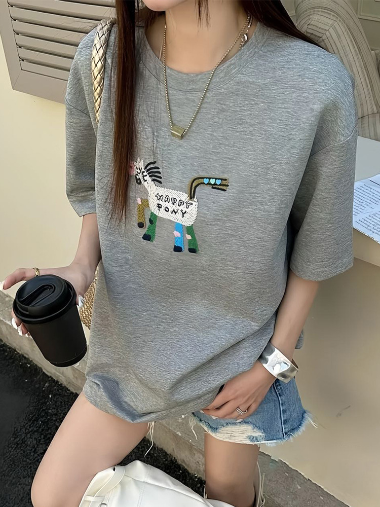 Korean Style Simple Casual Style Cartoon Embroidered Pony Short-Sleeved T-Shirt 2026 Summer Age-Reducing Gray Versatile Top for Women