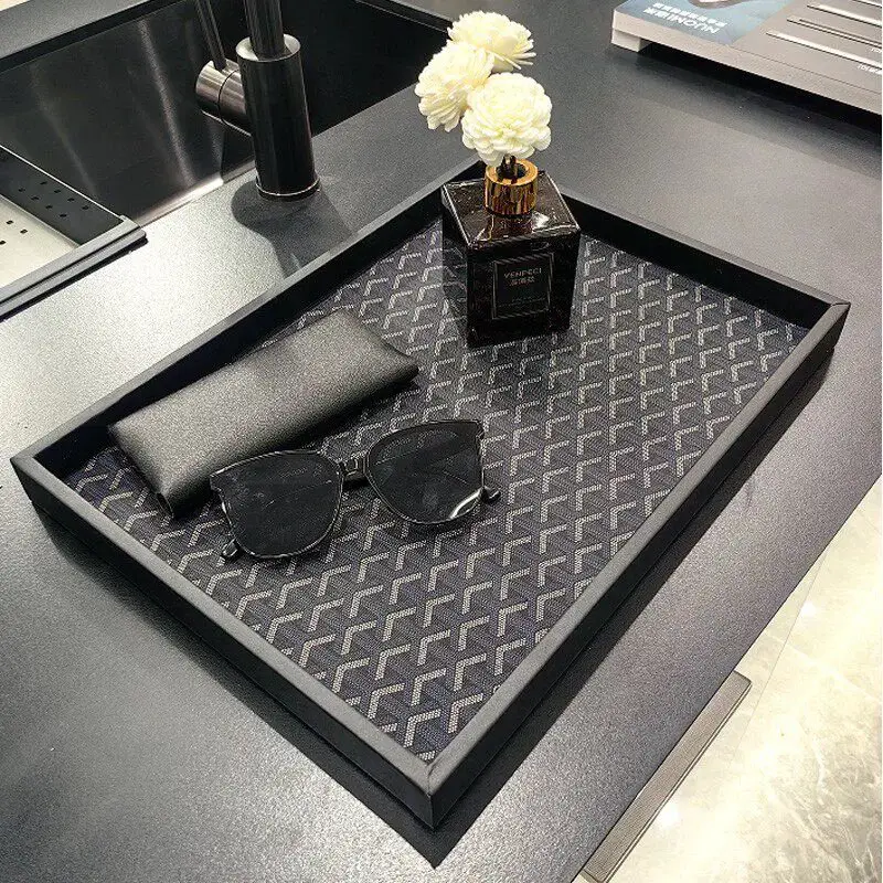 皮革编织纹托盘桌面茶几饰品玄关装饰展示盘香薰轻奢托盘收纳盘