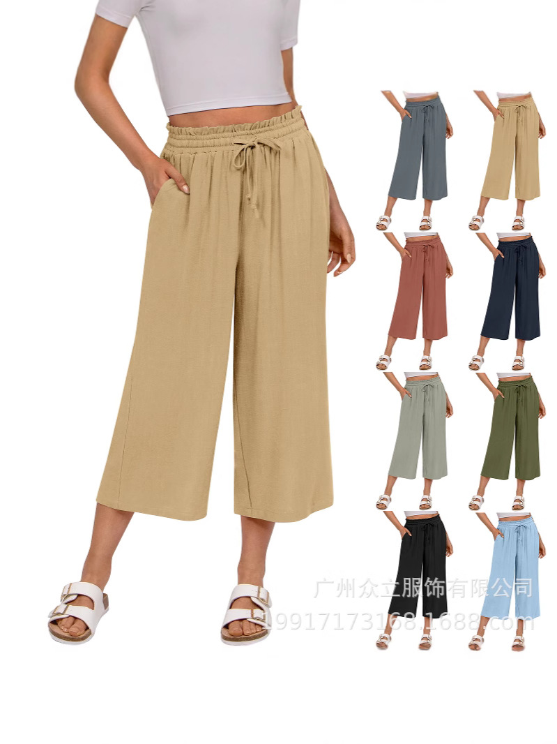 Amazon Cross-Border 2025 Women's Linen High-Waisted Casual Pants Solid Color Elastic Waist Tie Loose Wide-Leg Pants