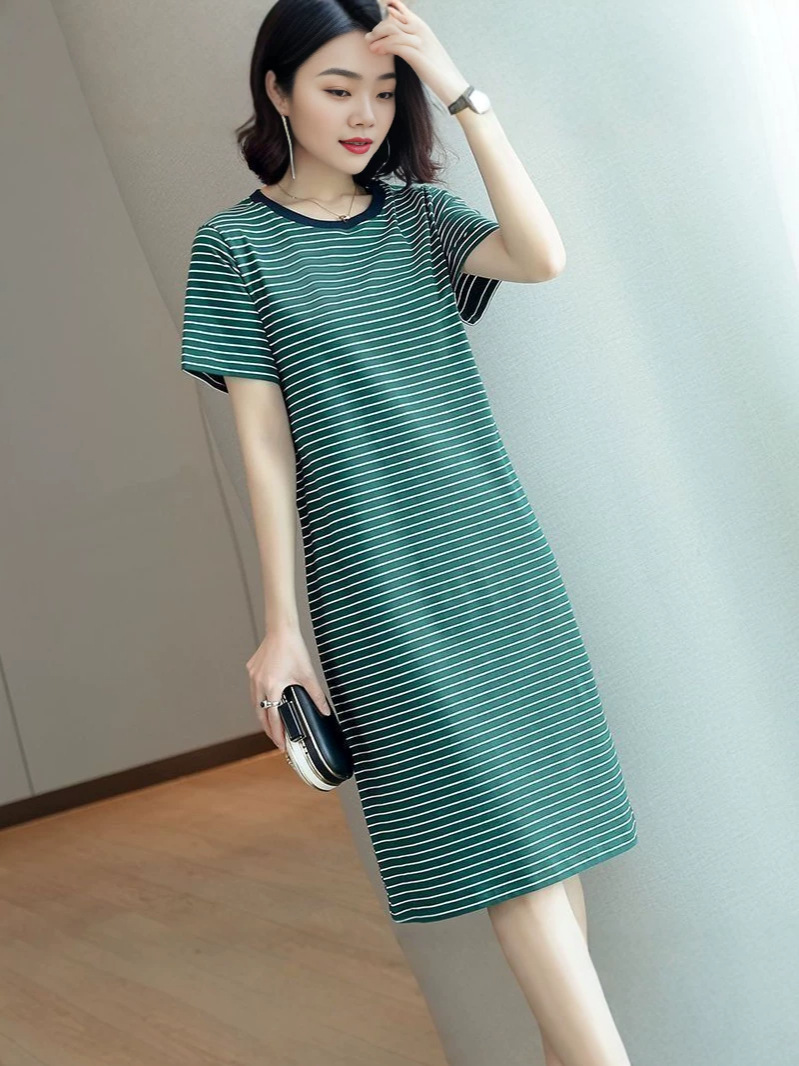 Mid-Length T-Shirt Dress for Women 2026 New Summer Versatile Loose Plus-Size Slimming Striped Top Dress Trendy