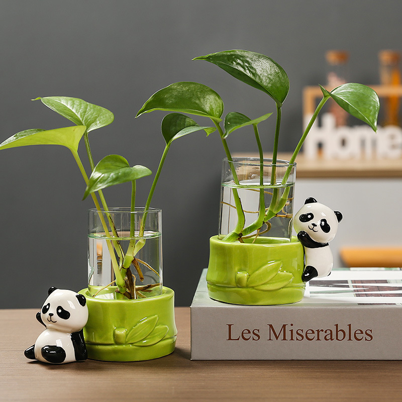 New Panda Hydroponic Vase Desktop Ornaments Office Water Plant Flower Station Flower Arrange Living Room Decorations