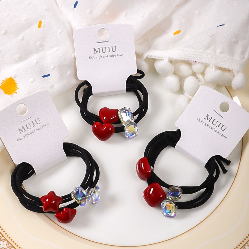 Temperament Ancora Red Hair Rope Advanced Sense 2 Card Hair Ring Shiny Rhinestone Knot Rubber Tendon High Ponytail Head Rope