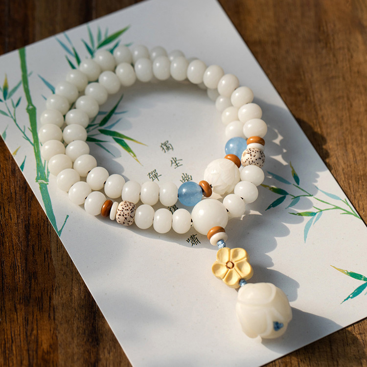 Suxiang Yuran Batu Natural White Jade Bodhi Root Lotus Double Circle Bracelet Women's Bracelet Ethnic Zen Clothing Accessories