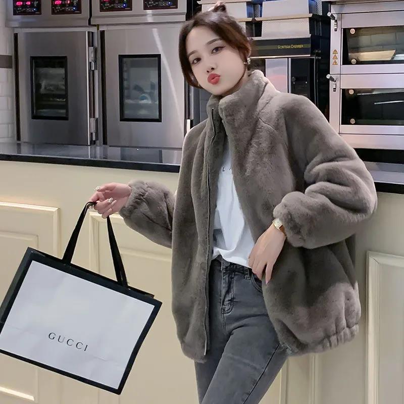 Faux mink fur coat for women autumn and winter 2023 new stand collar western style cotton and thickening warm lamb fur coat