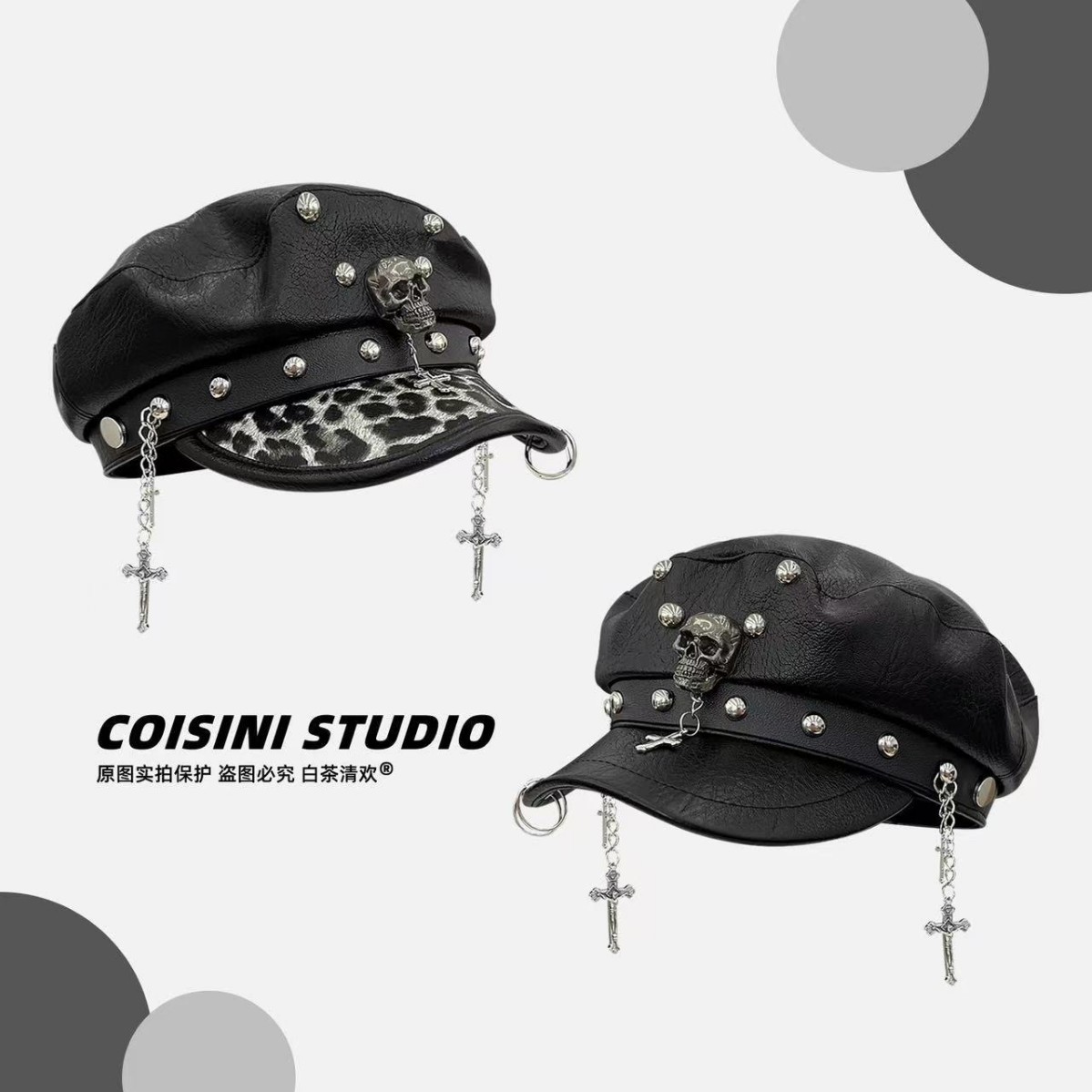 2025 New American Punk Style Leopard Print Leather Beret for Women, Subculture Fashion, Face-Slimming Newsboy Cap