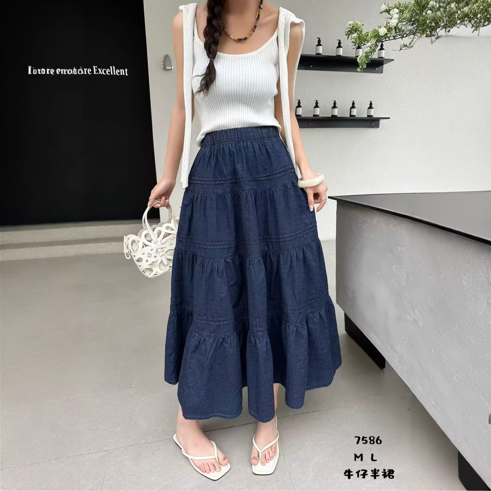 Forest-Style Sweet Patchwork A-Line Denim Skirt for Women, 2026 Summer New Simple Fluffy Cake Long Skirt