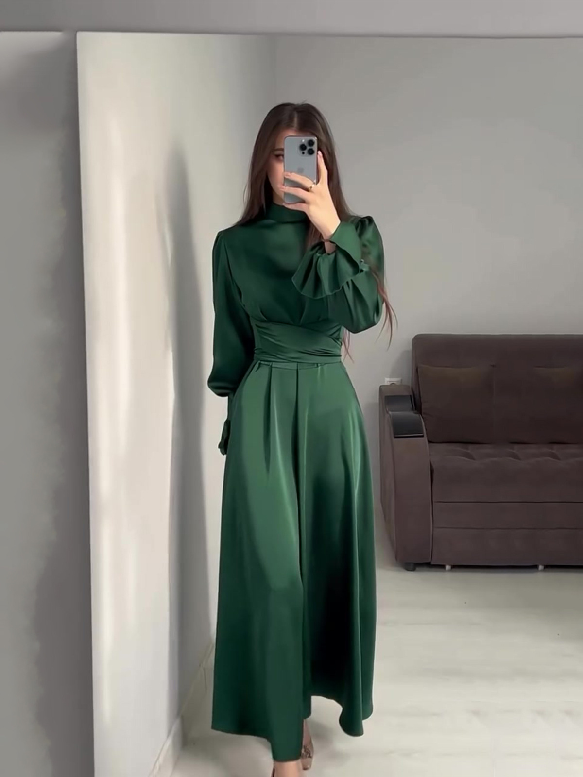 Amazon European and American Foreign Trade 2025 Autumn New Long-Sleeved Waist-Cinching Puff Sleeve Solid Color Fairy-Style Dress