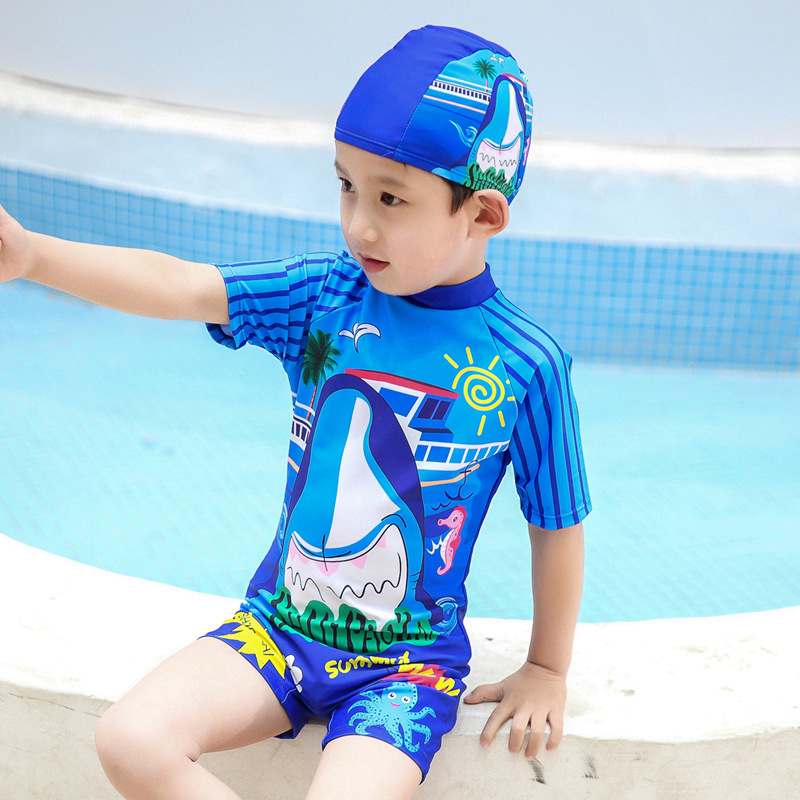 2026 New Model Children's Swimsuit for Boys, One-Piece Quick-Dry Cartoon Sun-Protective Swimwear with Swimming Cap
