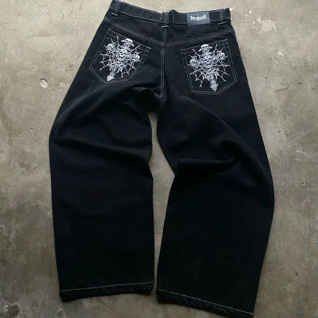 Skull Cross Embroidery Straight Wide-Leg Jeans for Men and Women Y2K Dark Trendyy Loose Hip-Hop Floor-Length Pants