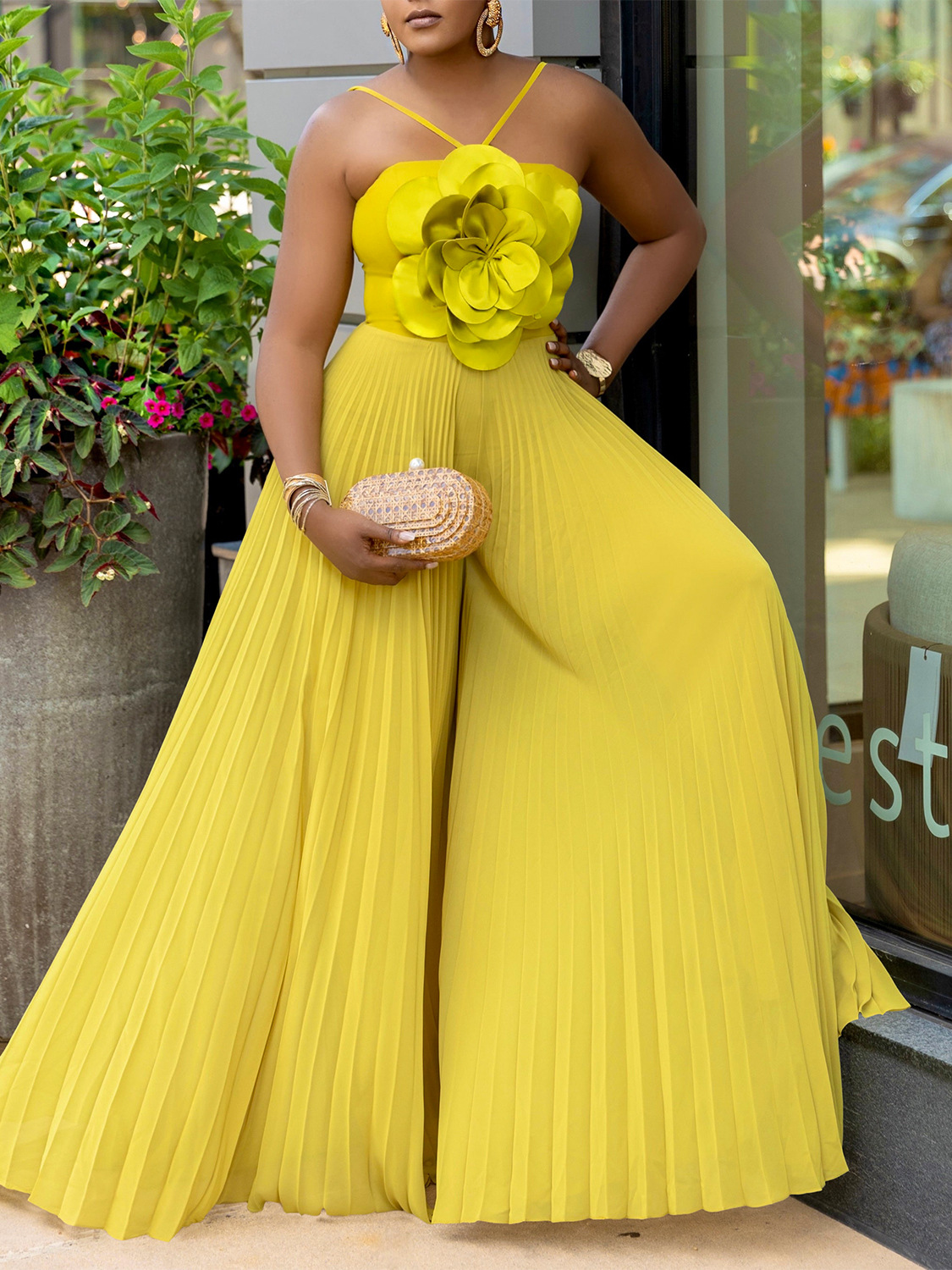 C8602 cross-border women's clothing Amazon Europe and the United States summer hanging neck three-dimensional flower solid color wide leg plus size foreign trade jumpsuit