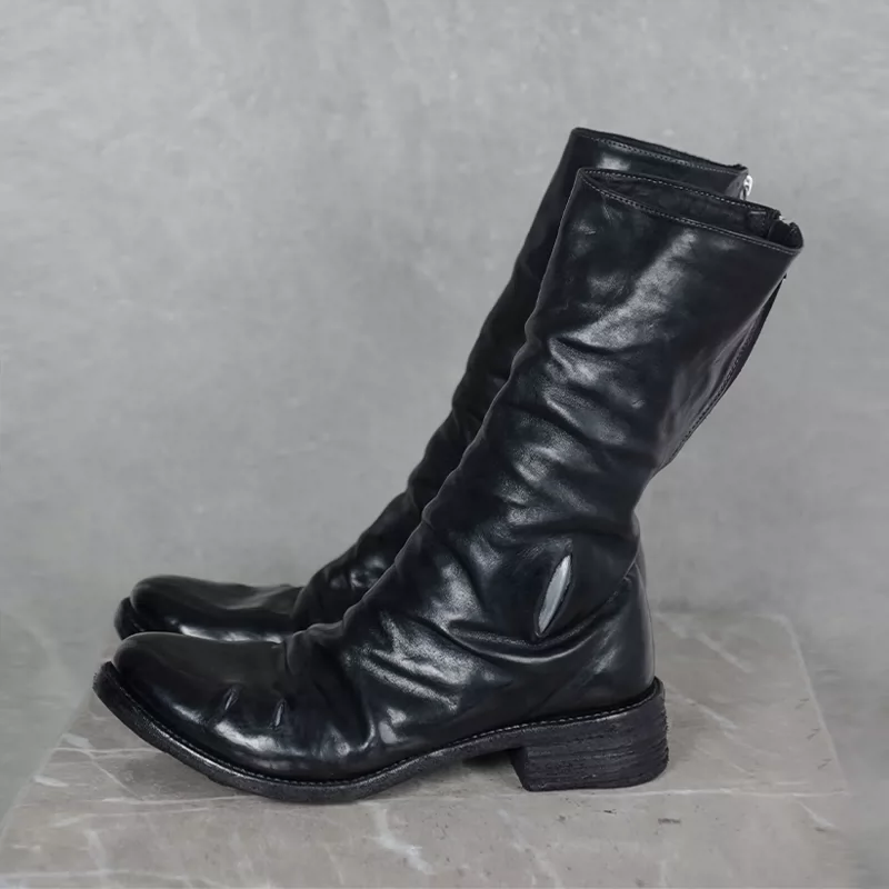 Dark Pioneer Horse Leather Boots, Goodyear Zipper Boots, Youth Trendy Boots, Mid Top Zipper Boots, High Rise Leather Bottom Boots